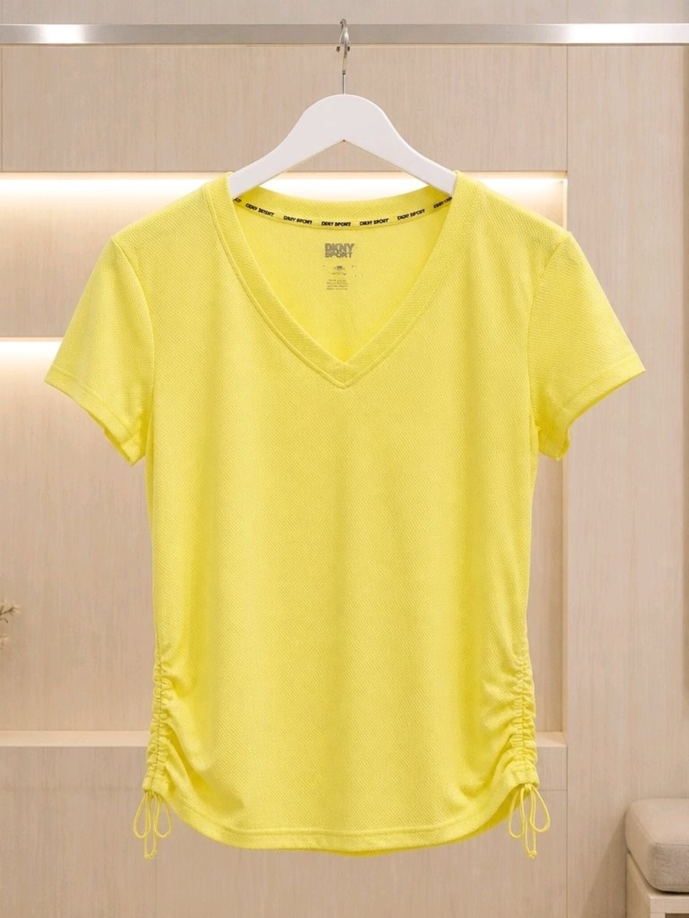 DKNY Bright Yellow V-Neck Short Sleeve Ruched Tee